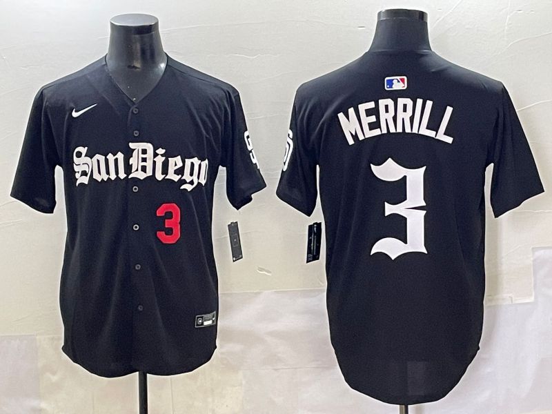 Men 2025 San Diego Padres #3 Merrill Black Five generations Joint Name Nike MLB Jersey style 4